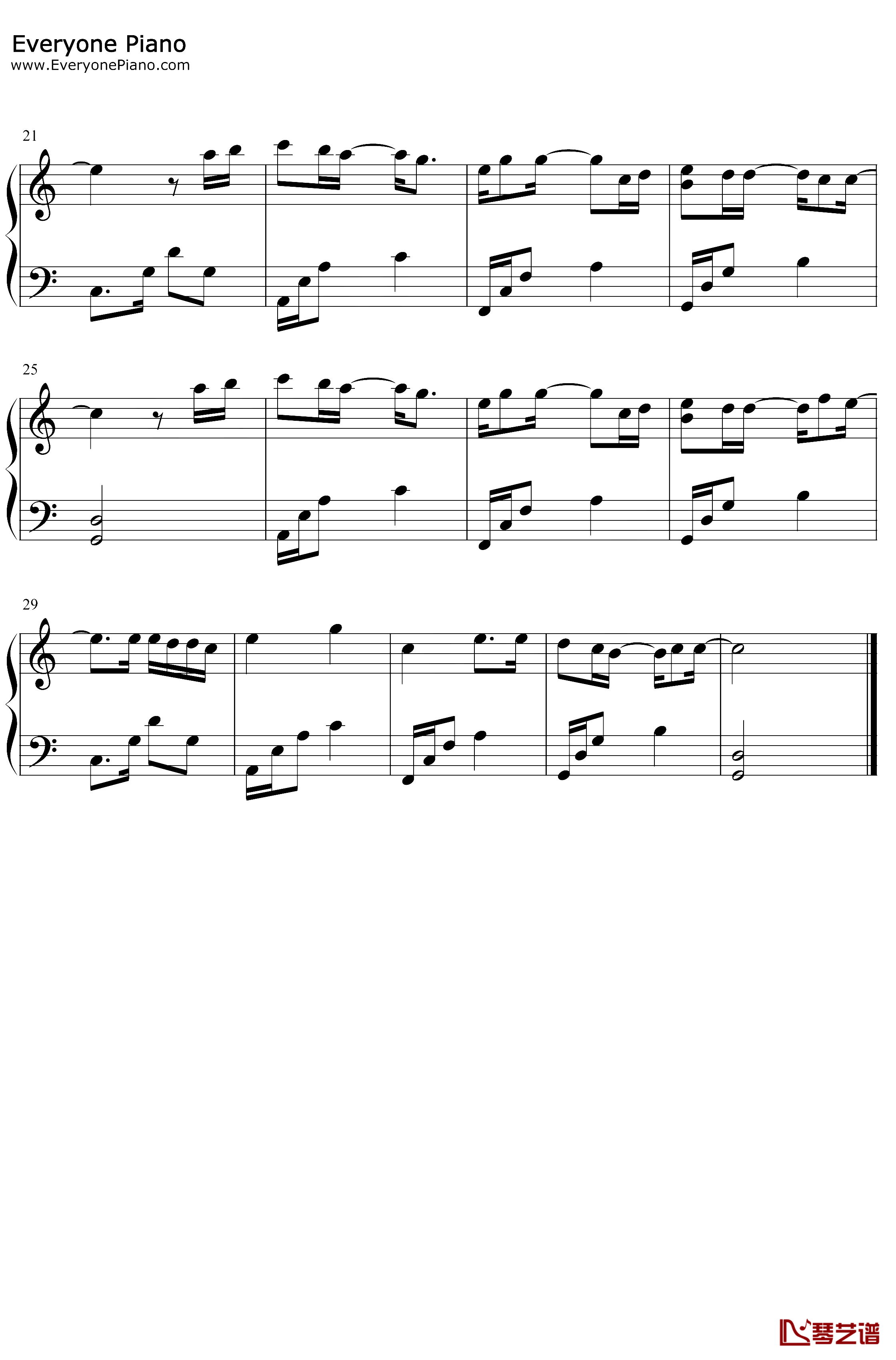 静悄悄钢琴谱-大泫-C调简单版-大泫2