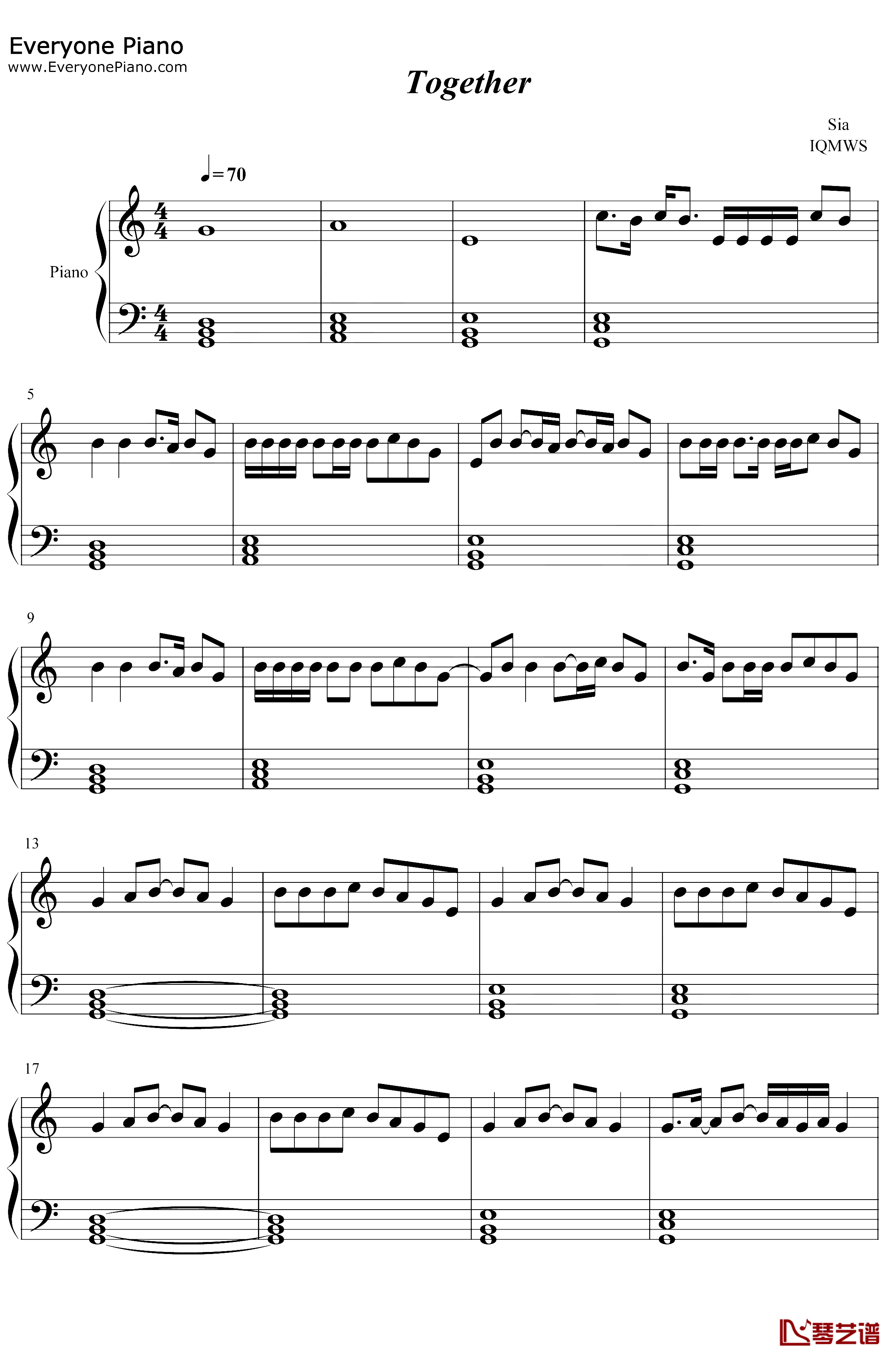 Together钢琴谱 Sia MusicOST1