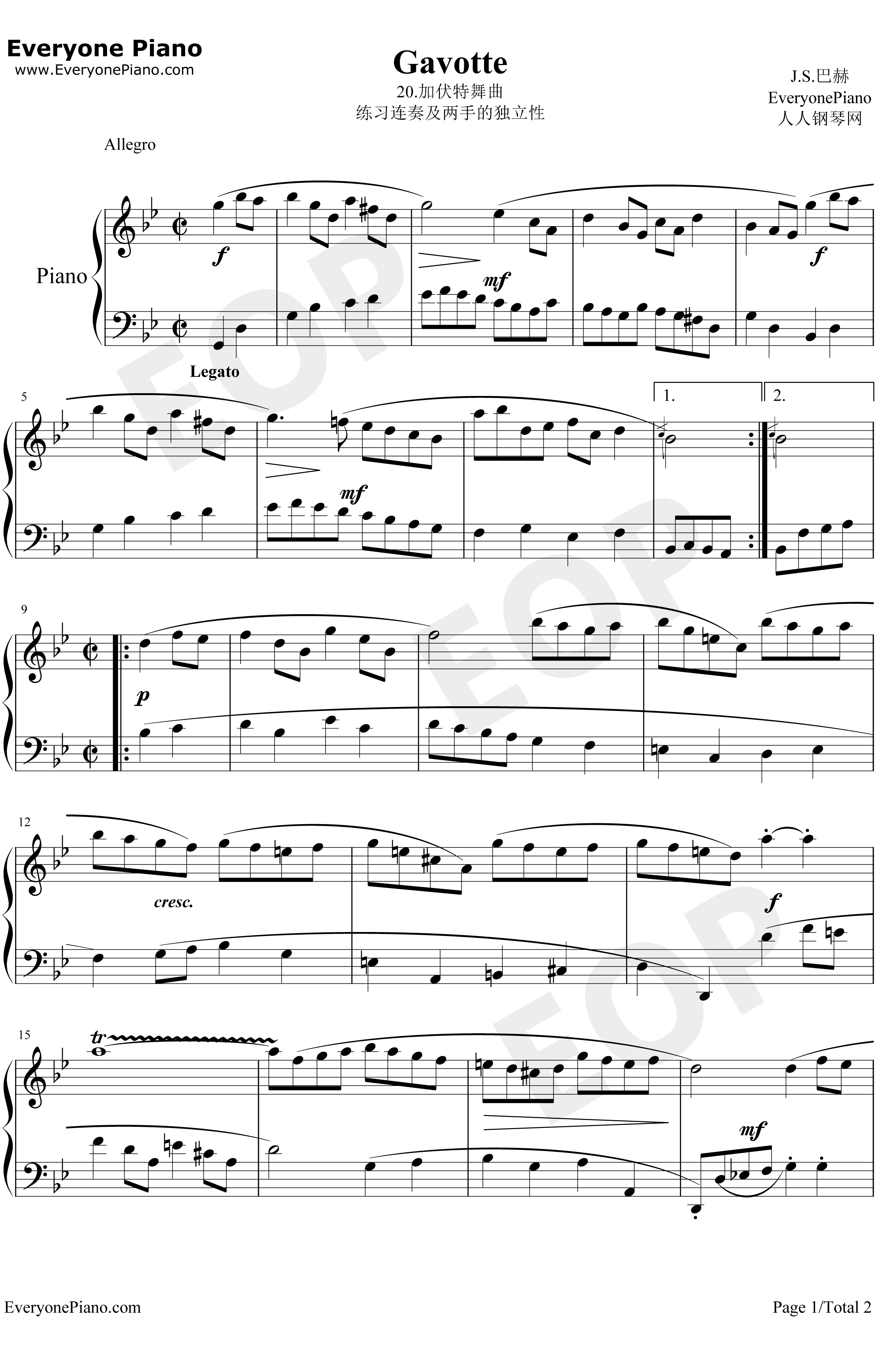 加伏特舞曲20钢琴谱-巴赫-巴赫初级钢琴曲集1