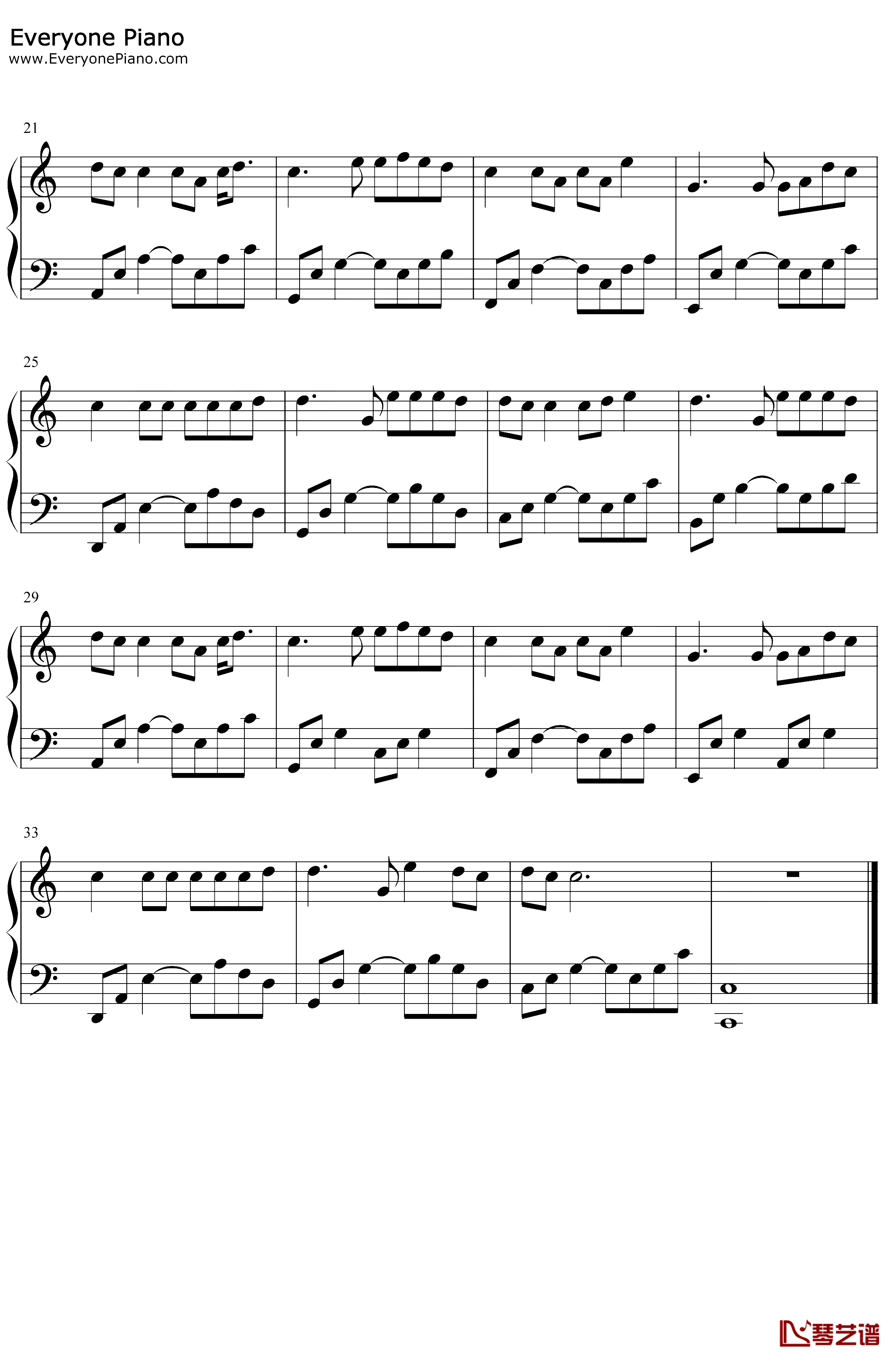 给我一首歌的时间钢琴谱-周杰伦-C调简单版2