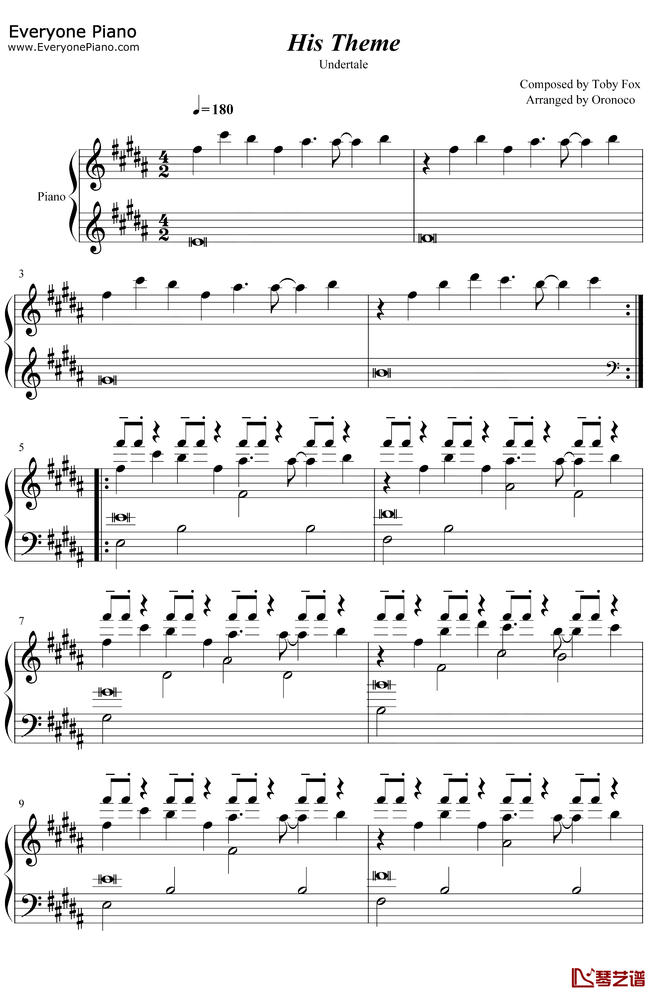 His Theme钢琴谱-TobyFox-Undertale背景音乐1