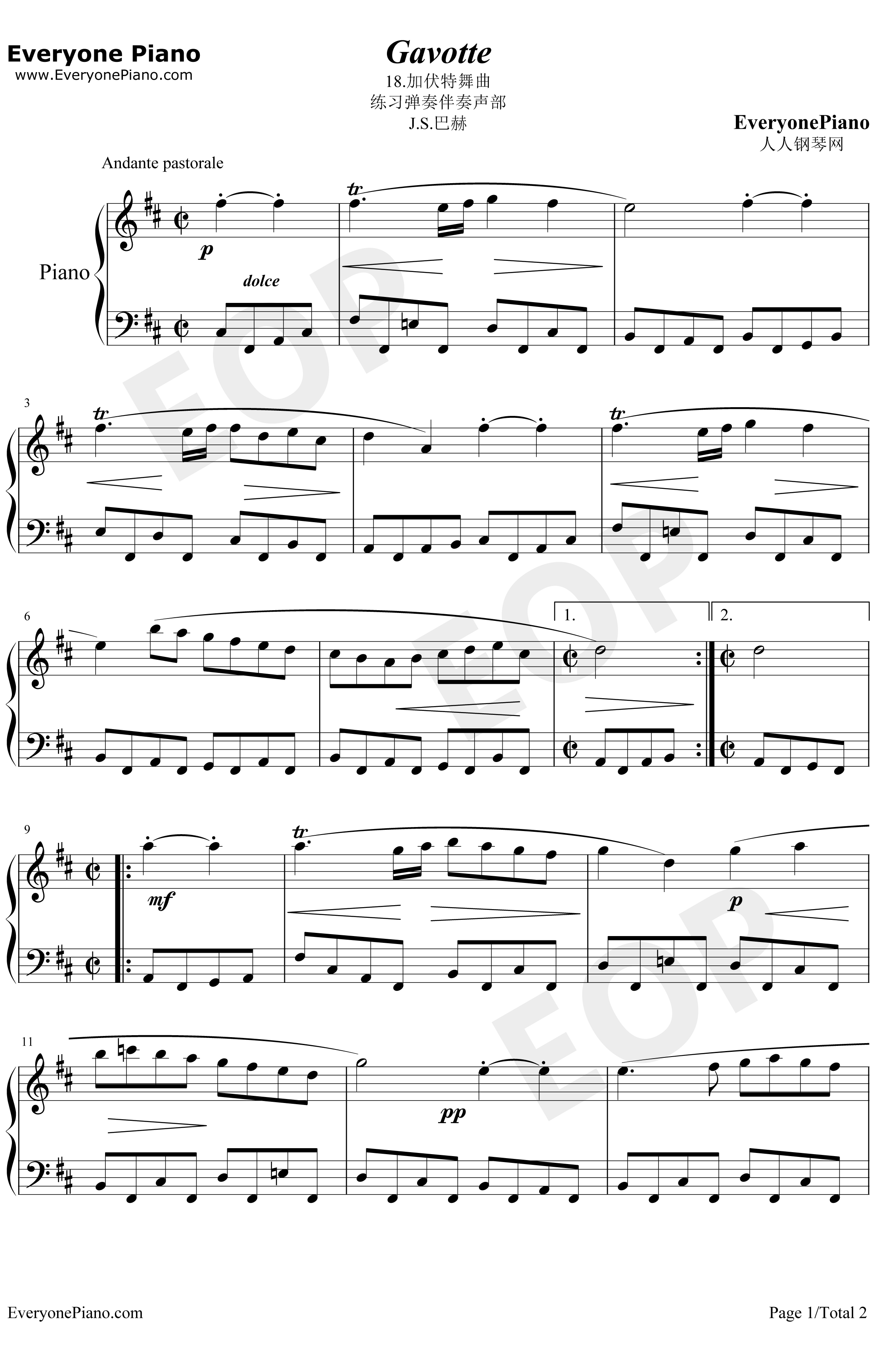 加伏特舞曲18钢琴谱-巴赫初级钢琴曲集1