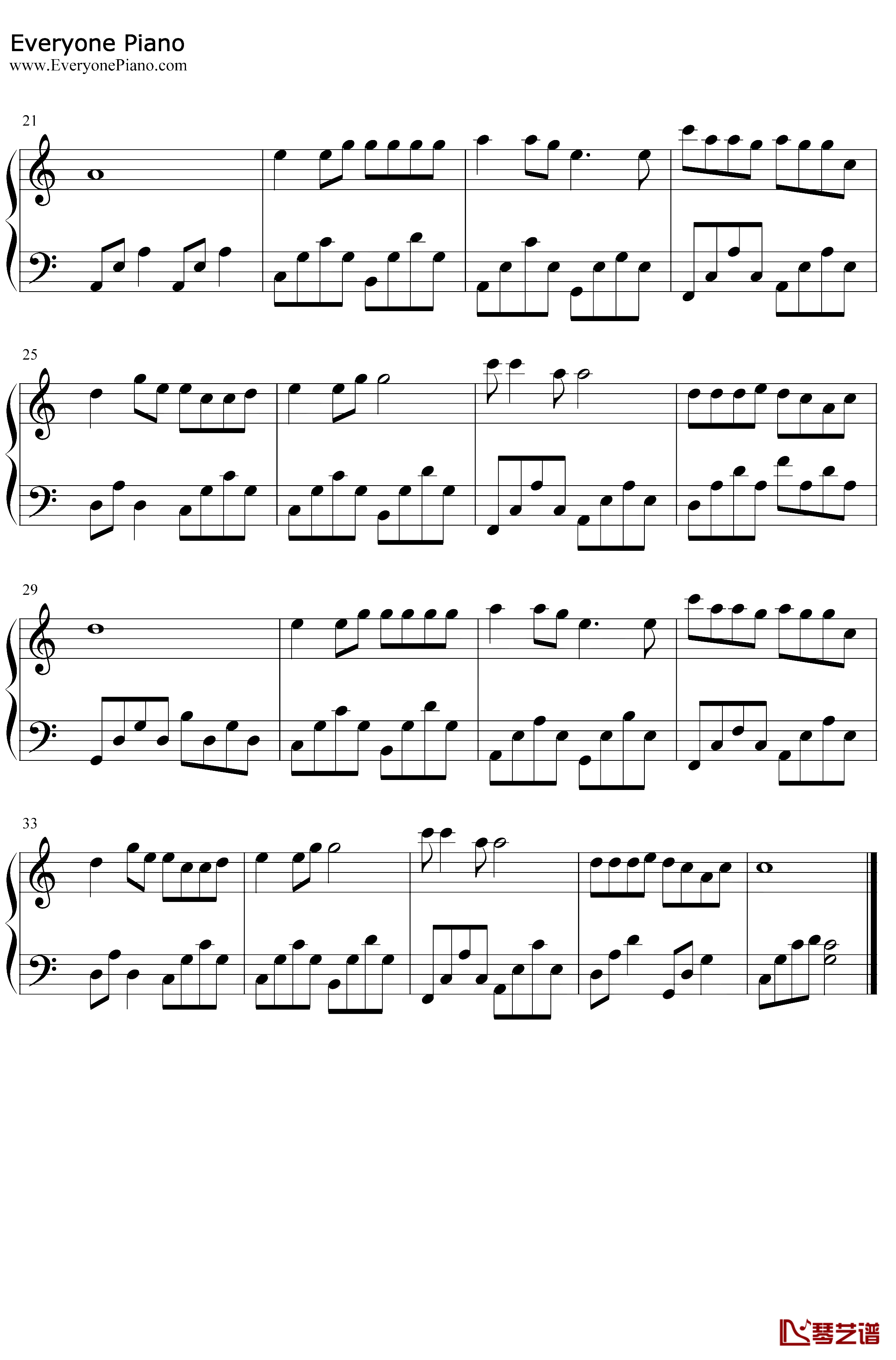 白狐钢琴谱-陈瑞-C调简单版2