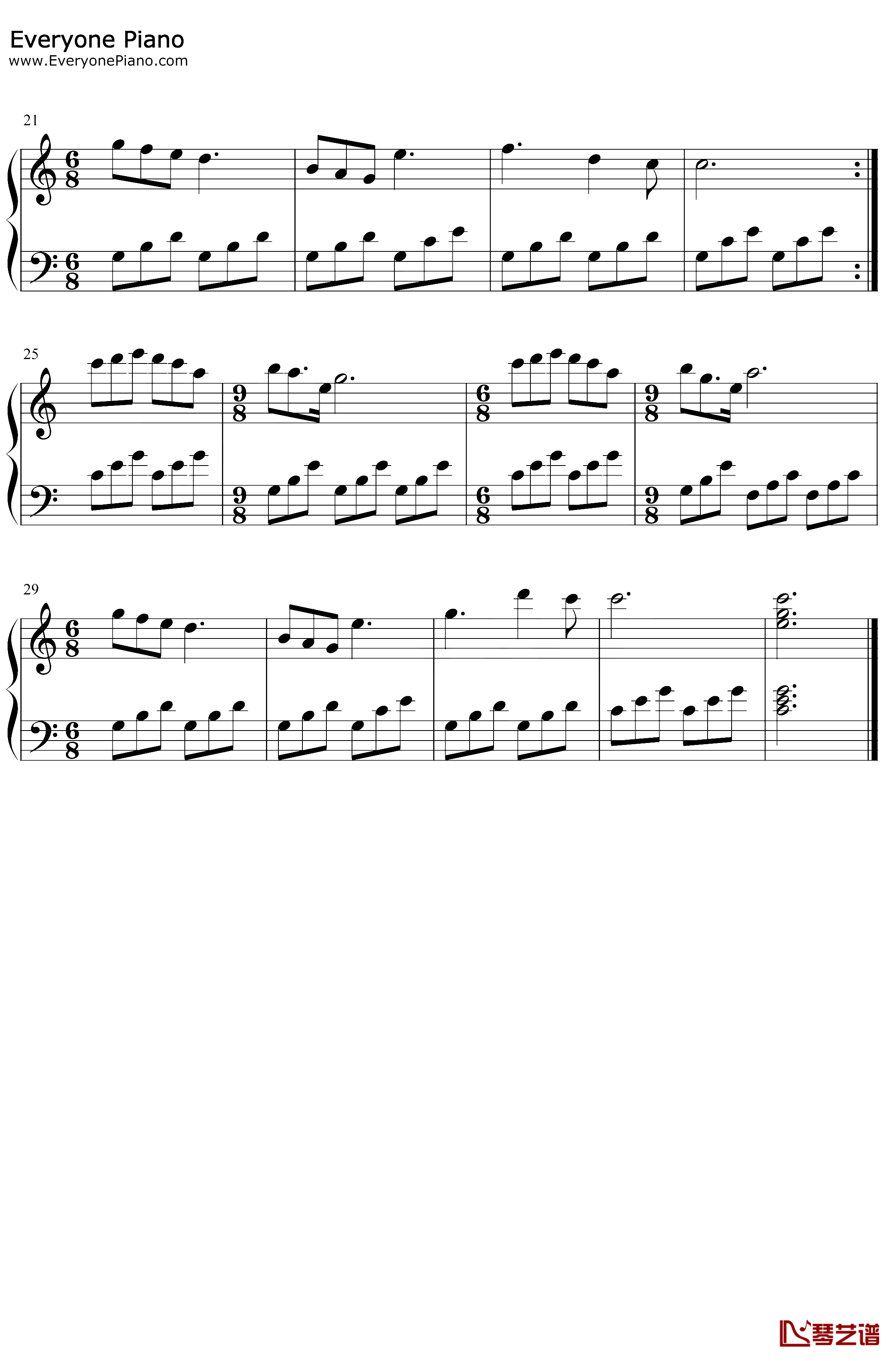 我和我的祖国钢琴谱-李谷一-C调简单版2
