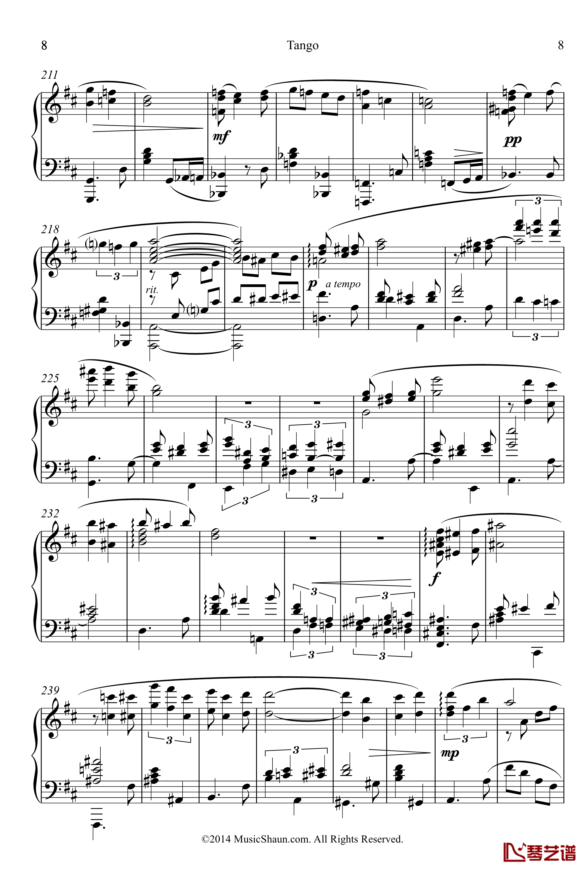 肖恩的探戈钢琴谱-世界名曲8