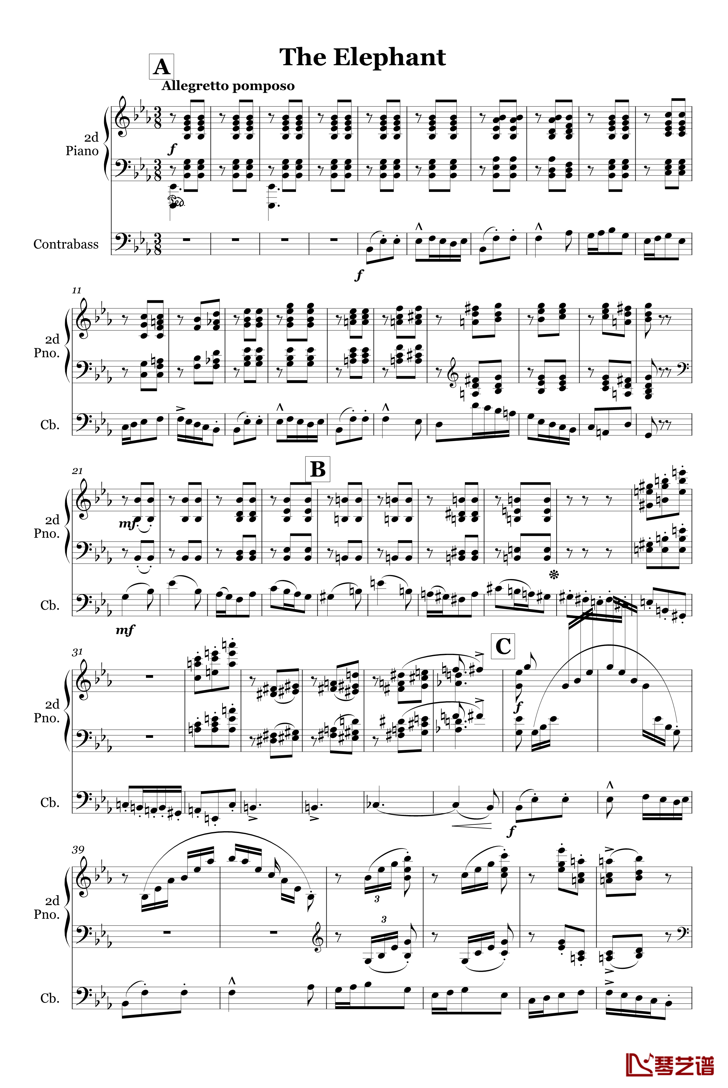 大象钢琴谱-低音提琴和钢琴-圣桑1