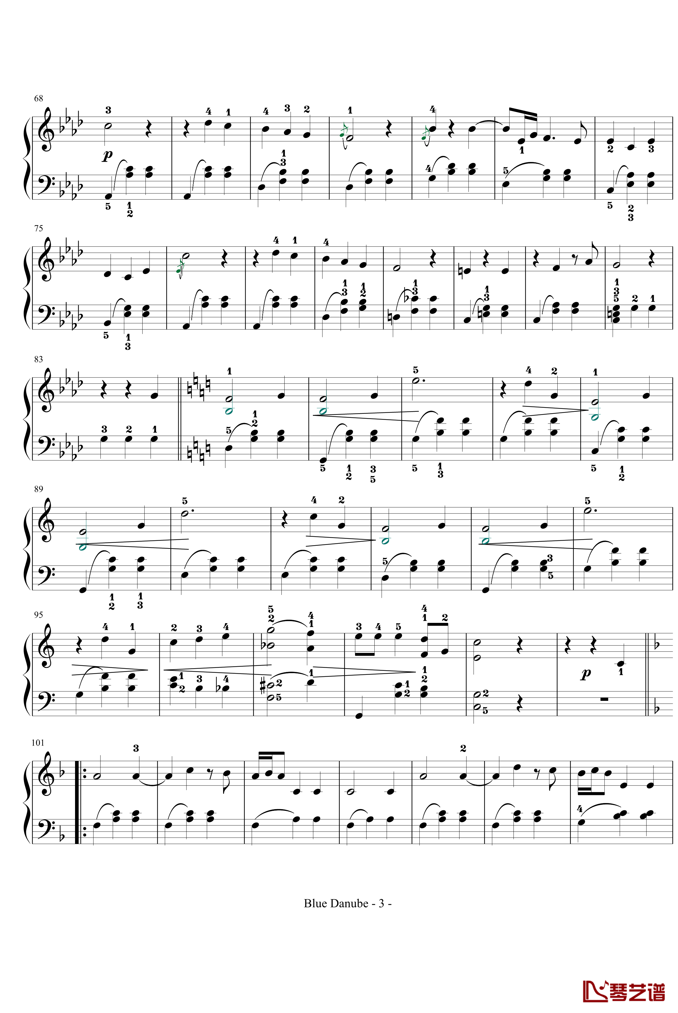 蓝色多瑙河钢琴谱-完整-带指法简化-约翰·斯特劳斯3