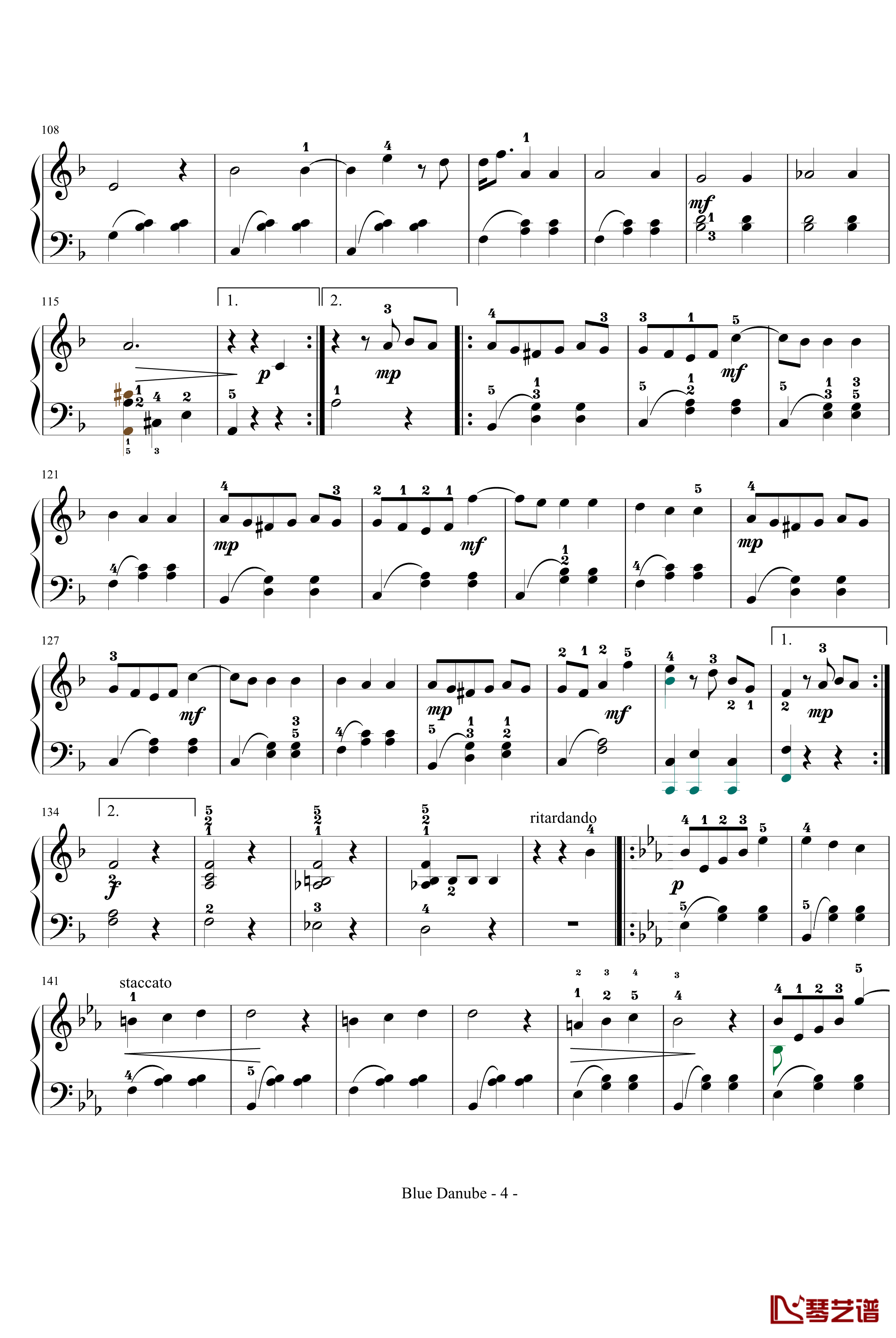 蓝色多瑙河钢琴谱-完整-带指法简化-约翰·斯特劳斯4