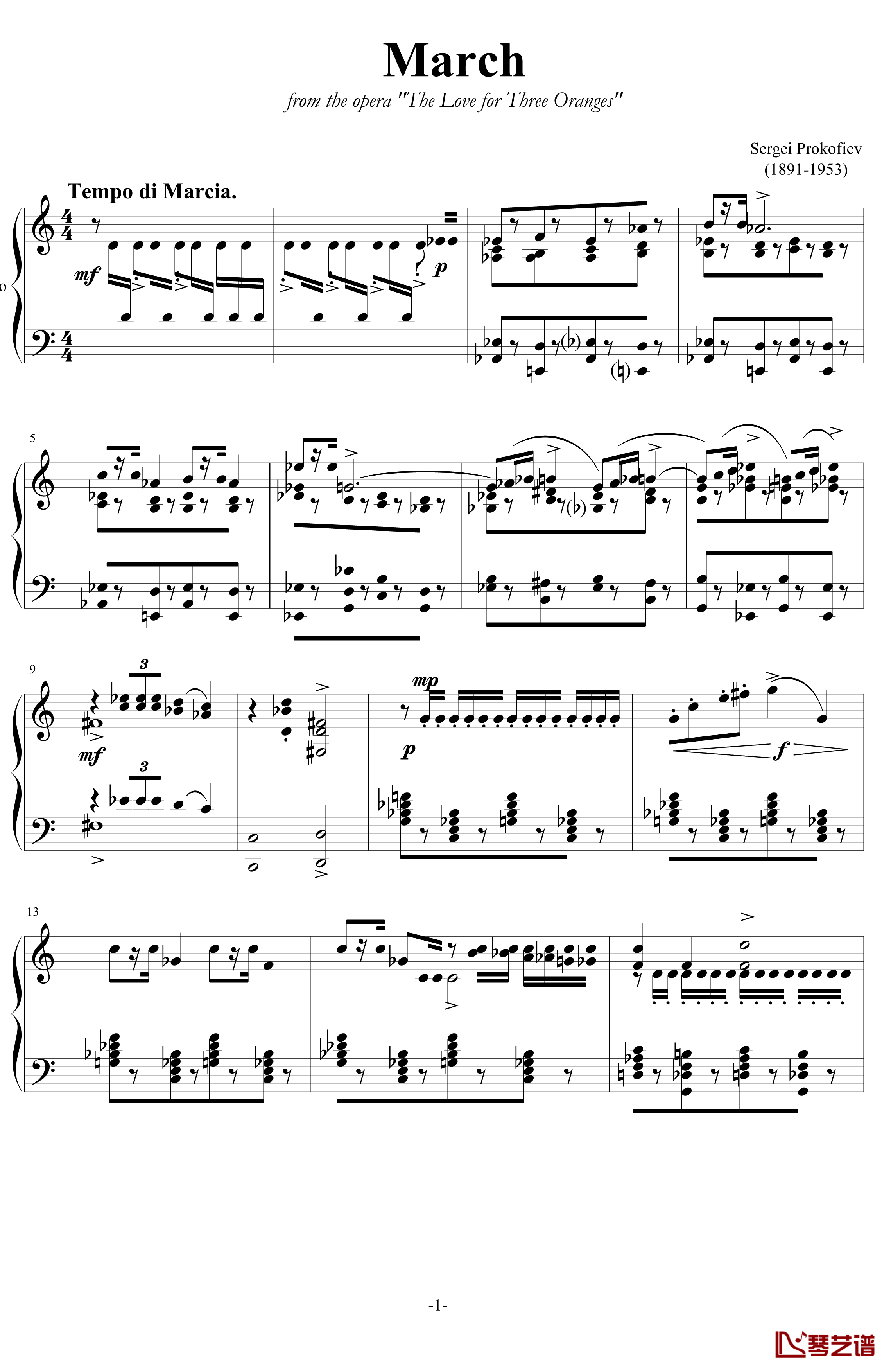 进行曲钢琴谱-选自《三个桔子的爱情》-普罗科非耶夫1