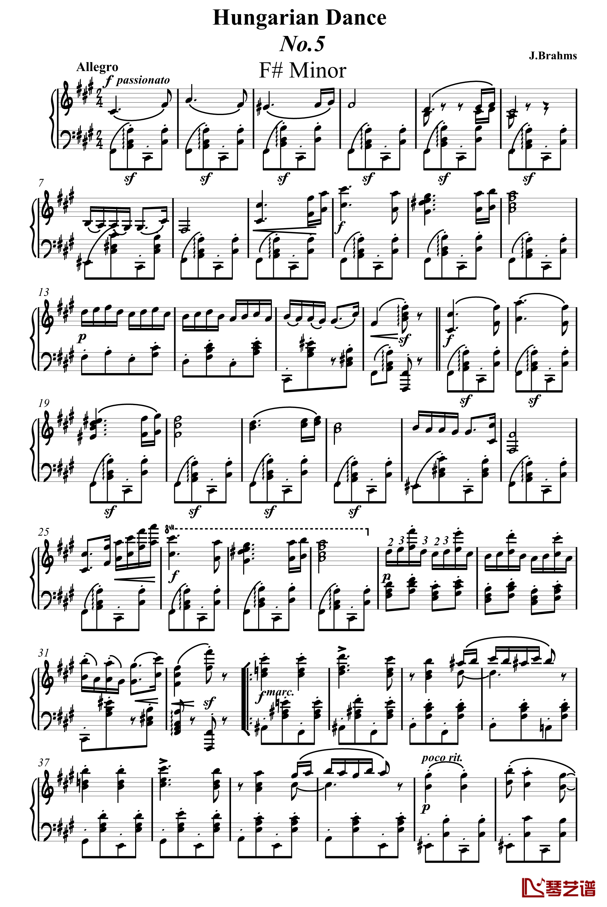 匈牙利舞曲钢琴谱-独奏版-勃拉姆斯-Brahms1