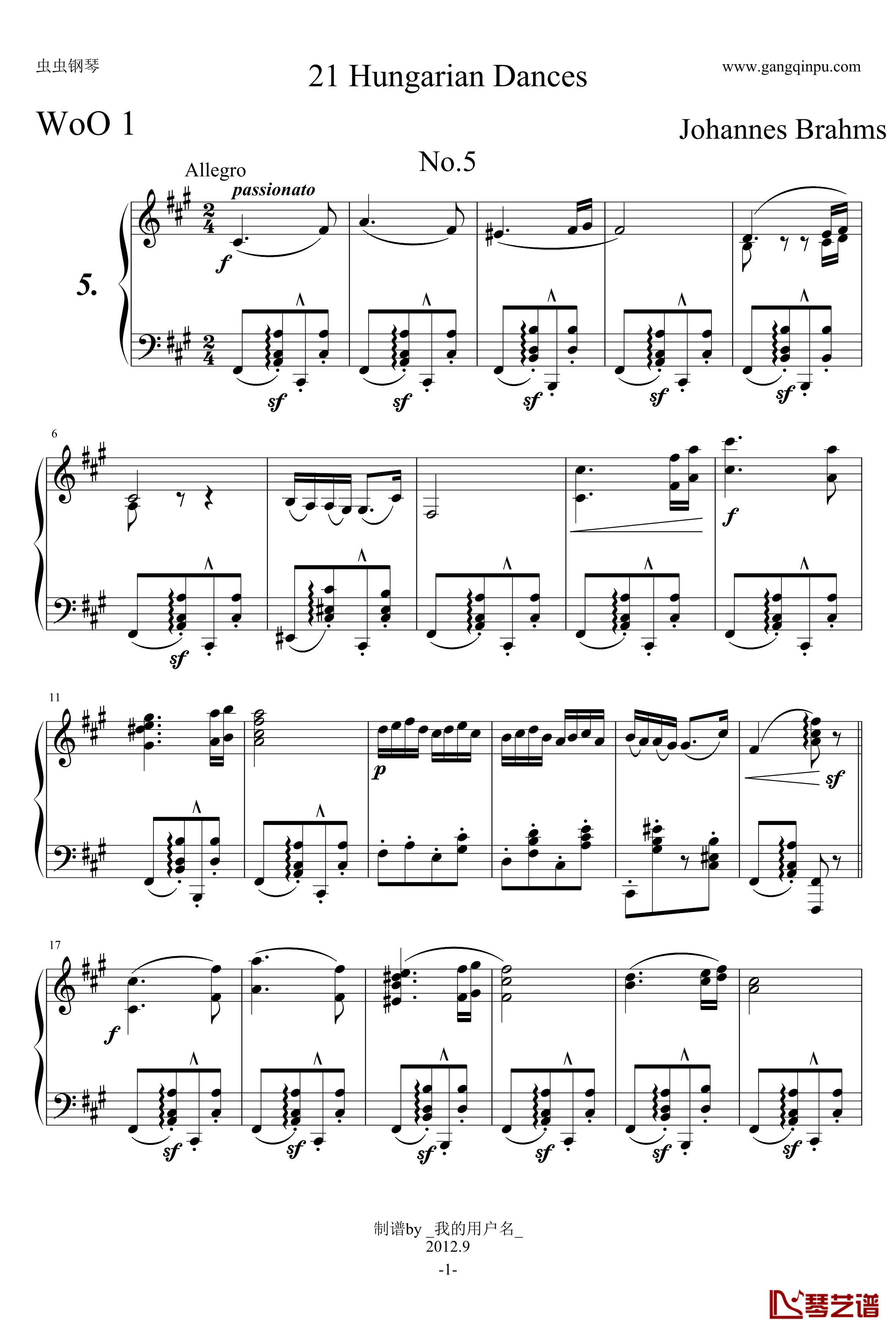 第五号匈牙利舞曲钢琴谱-原谱-勃拉姆斯-Brahms1