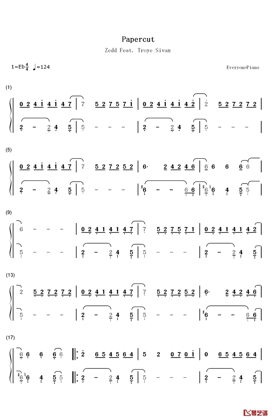 Papercut钢琴简谱-数字双手-Zedd & Troye Sivan1