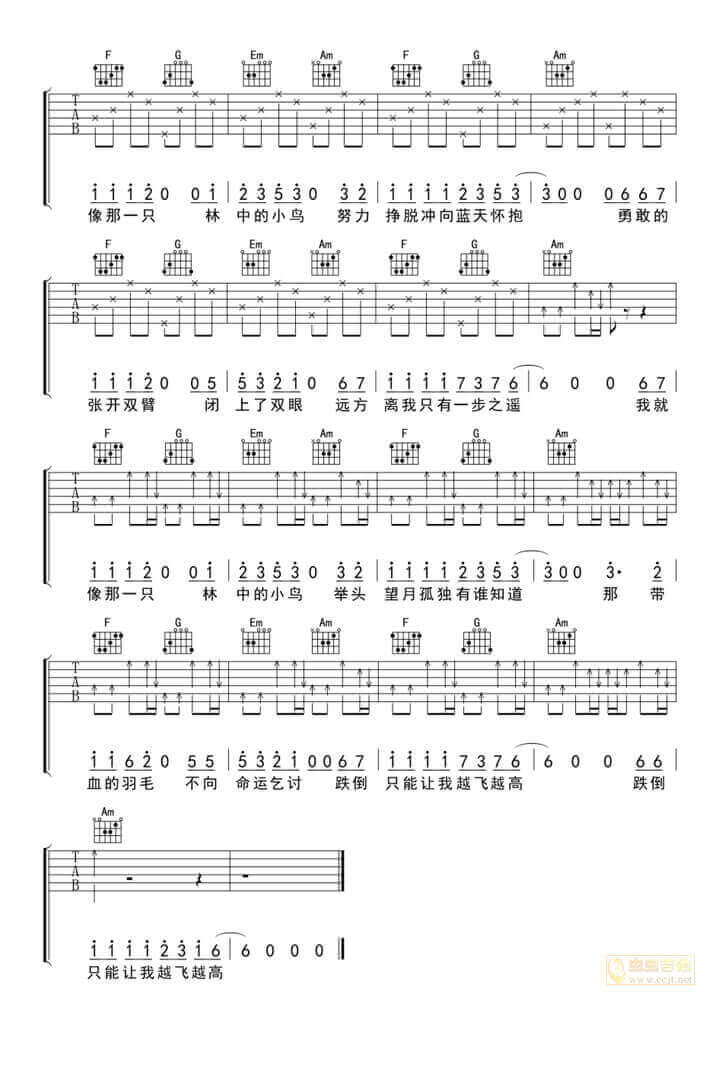 林中鸟吉他谱-葛林-《林中鸟》C调简单版弹唱六线谱-高清图片谱1