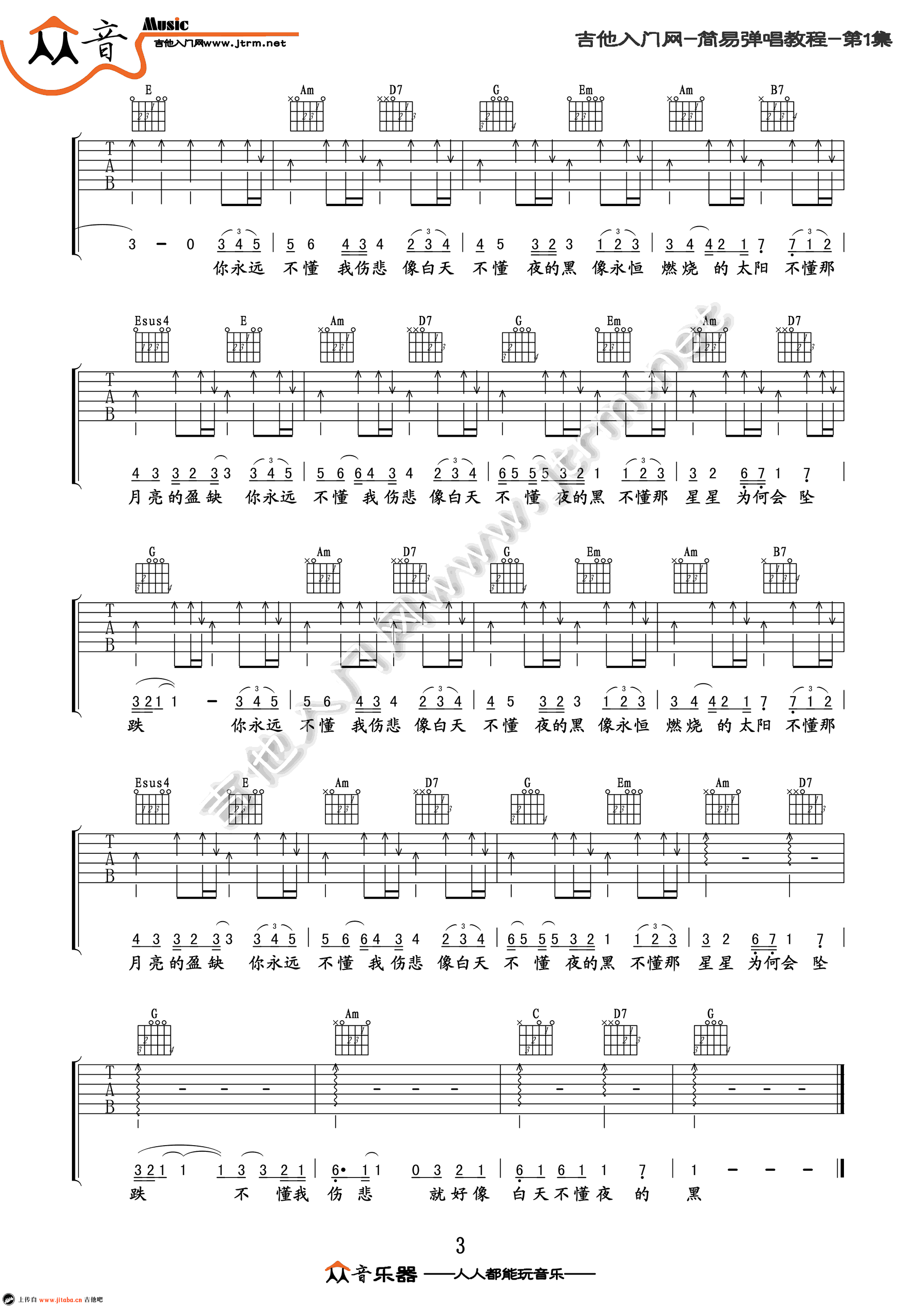 白天不懂夜的黑吉他谱-简易版-那英-弹唱教学视频-六线谱3
