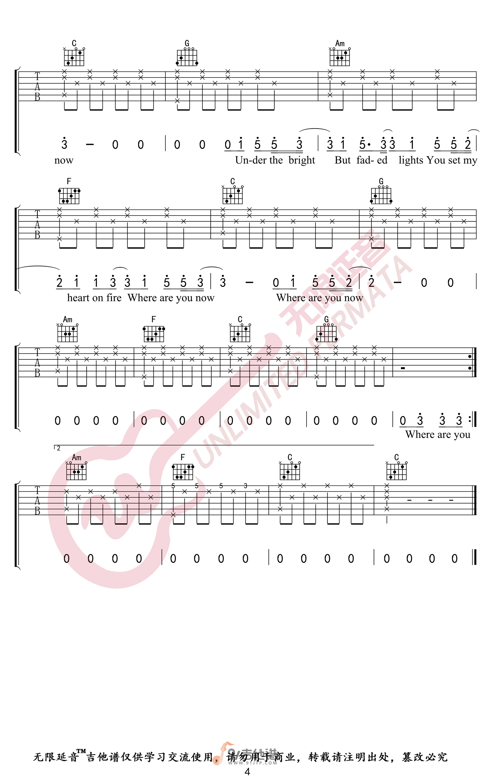 Alan-Walker《Faded》吉他谱 C调指法原版编配 民谣吉他弹唱六线谱4