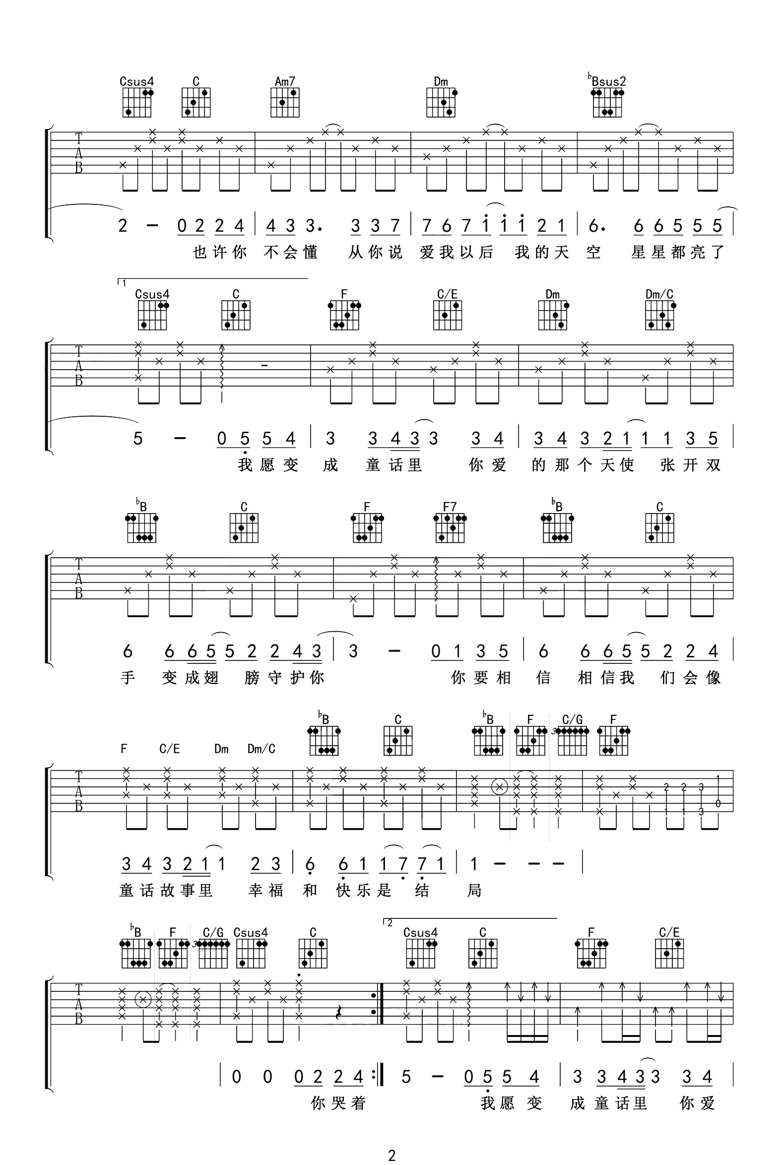 童话吉他谱-F调指法-光良-原版弹唱谱-附教学示范1